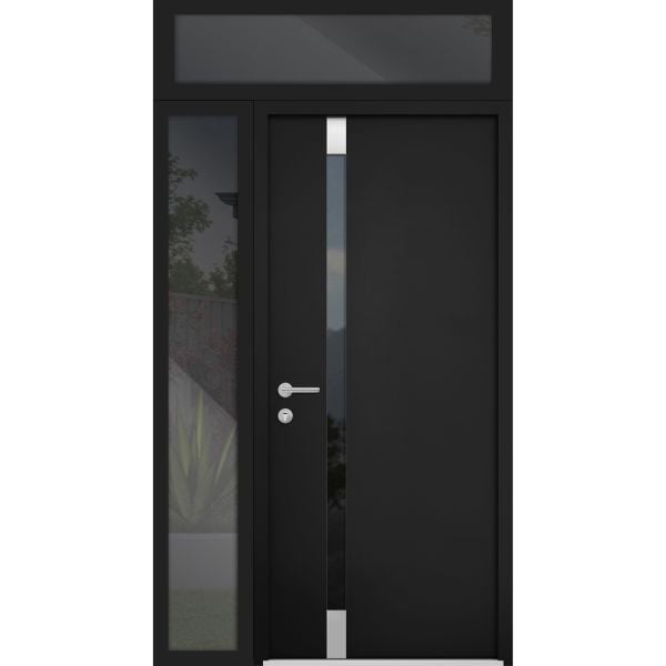 Front Exterior Prehung Steel Door / Cynex 6777 Black / Sidelight and Transom Window / Stainless Inserts Single Modern Painted-W32+12" x H80+16"-Right-hand Inswing