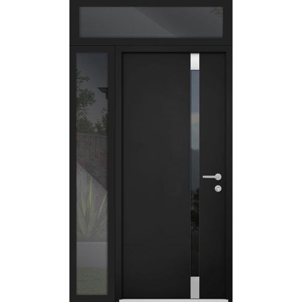 Front Exterior Prehung Steel Door / Cynex 6777 Black / Sidelight and Transom Window / Stainless Inserts Single Modern Painted-W36+14" x H80+16"-Left-hand Inswing