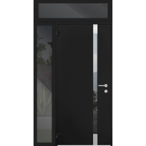 Front Exterior Prehung Steel Door / Cynex 6777 Black / Sidelight and Transom Window / Stainless Inserts Single Modern Painted-W32+14" x H80+16"-Left-hand Outswing