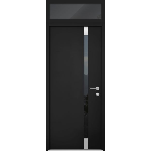 Front Exterior Prehung Steel Door / Cynex 6777 Black / Transom Window / Stainless Inserts Single Modern Painted-W32" x H80+16"-Left-hand Inswing