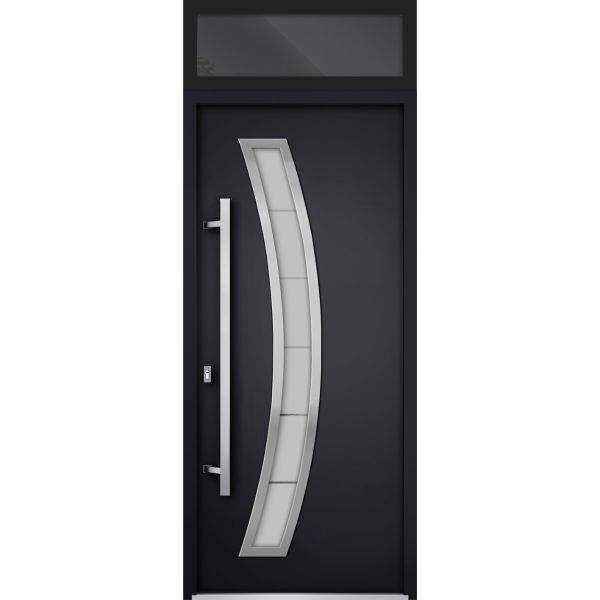 Front Exterior Prehung Steel Door / Deux 6500 Black / Top Exterior Window / Stainless Inserts Single Modern Painted-W36" x H80+16"-Right-hand Inswing