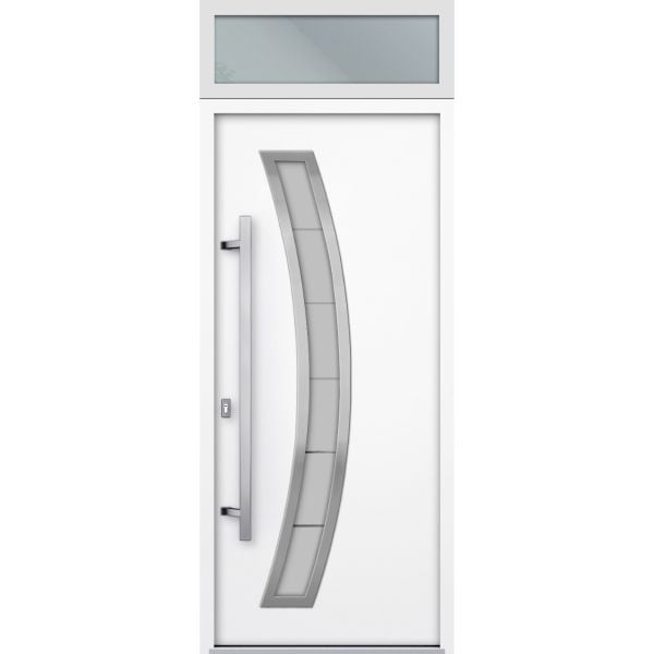 Front Exterior Prehung Steel Door / Deux 6500 White / Top Exterior Window / Stainless Inserts Single Modern Painted-W36" x H80+16"-Right-hand Inswing