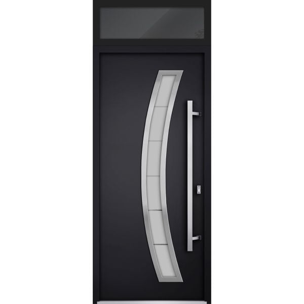 Front Exterior Prehung Steel Door / Deux 6500 Black / Transom Window / Stainless Inserts Single Modern Painted-W36" x H80+16"-Left-hand Inswing