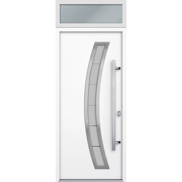 Front Exterior Prehung Steel Door / Deux 6500 White / Transom Window / Stainless Inserts Single Modern Painted-W36" x H80+16"-Left-hand Inswing
