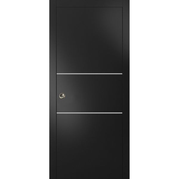 Sliding Pocket Door with Frames | Planum 0210 Matte Black | Kit Trims Rail Hardware | Solid Wood Interior Bedroom Bathroom Closet Sturdy Doors 