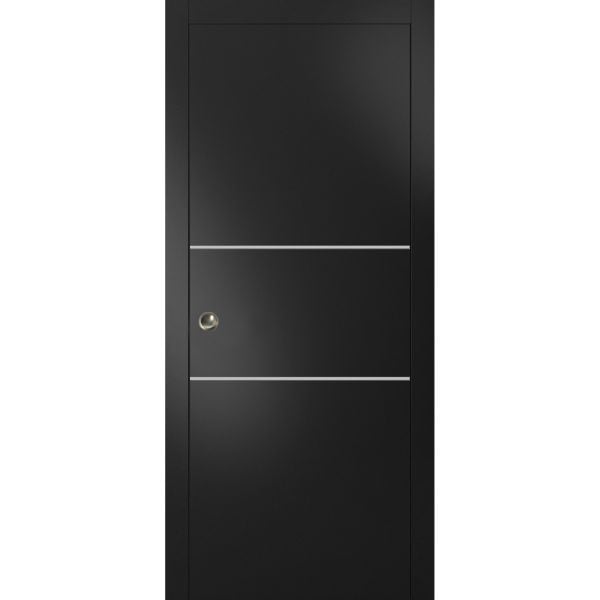 Sliding Pocket Door with Frames | Planum 0110 Matte Black | Kit Trims Rail Hardware | Solid Wood Interior Bedroom Bathroom Closet Sturdy Doors 