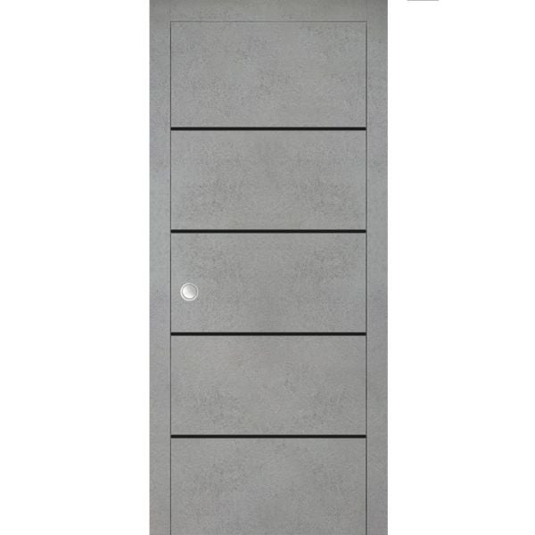 Sliding French Pocket Door with | Planum 0015 Concrete | Kit Trims Rail Hardware | Solid Wood Interior Bedroom Sturdy Doors-18" x 80"