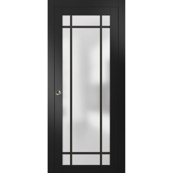 Sliding Pocket Door with Frosted Tempered Glass | Planum 2112 Matte Black with Frosted Glass | Kit Trims Rail Hardware | Solid Wood Interior Bedroom Bathroom Closet Sturdy Doors 