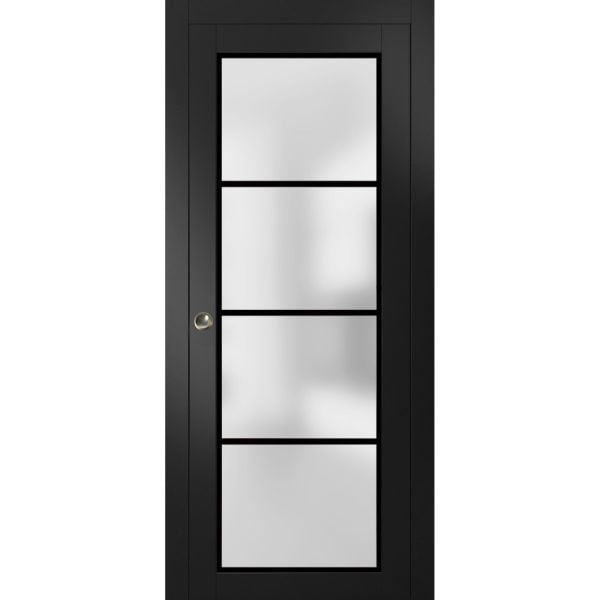 Sliding Pocket Door with Frosted Tempered Glass | Planum 2132 Matte Black with Frosted Glass | Kit Trims Rail Hardware | Solid Wood Interior Bedroom Bathroom Closet Sturdy Doors 