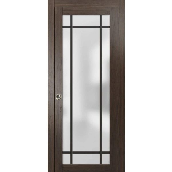 Sliding Pocket Door with Frosted Tempered Glass | Planum 2112 Chocolate Ash with Frosted Glass | Kit Trims Rail Hardware | Solid Wood Interior Bedroom Bathroom Closet Sturdy Doors