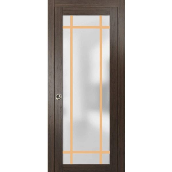 Sliding Pocket Door with Frosted Tempered Glass | Planum 2113 Chocolate Ash with Frosted Glass | Kit Trims Rail Hardware | Solid Wood Interior Bedroom Bathroom Closet Sturdy Doors