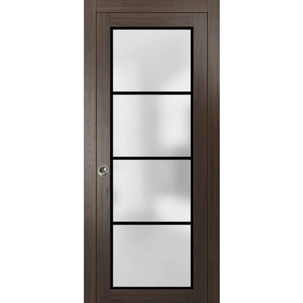 Sliding Pocket Door with Frosted Tempered Glass | Planum 2132 Chocolate Ash with Frosted Glass | Kit Trims Rail Hardware | Solid Wood Interior Bedroom Bathroom Closet Sturdy Doors