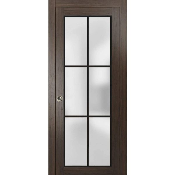 Sliding Pocket Door with Frosted Tempered Glass | Planum 2122 Chocolate Ash with Frosted Glass | Kit Trims Rail Hardware | Solid Wood Interior Bedroom Bathroom Closet Sturdy Doors