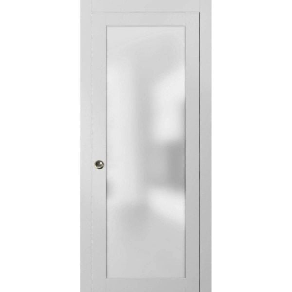 Sliding Pocket Door with Frosted Tempered Glass | Planum 2102 White Silk with Frosted Glass | Kit Trims Rail Hardware | Solid Wood Interior Bedroom Bathroom Closet Sturdy Doors