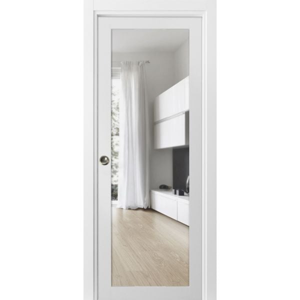 Sliding French Pocket Door Clear Glass | Lucia 2166 White Silk | Kit Trims Rail Hardware | Solid Wood Interior Bedroom Sturdy Doors-18" x 80"-Clear Glass