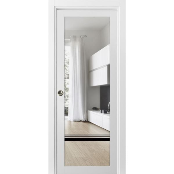 Sliding French Pocket Door Clear Glass | Lucia 2666 White Silk | Kit Trims Rail Hardware | Solid Wood Interior Bedroom Sturdy Doors-18" x 80"-Clear Glass