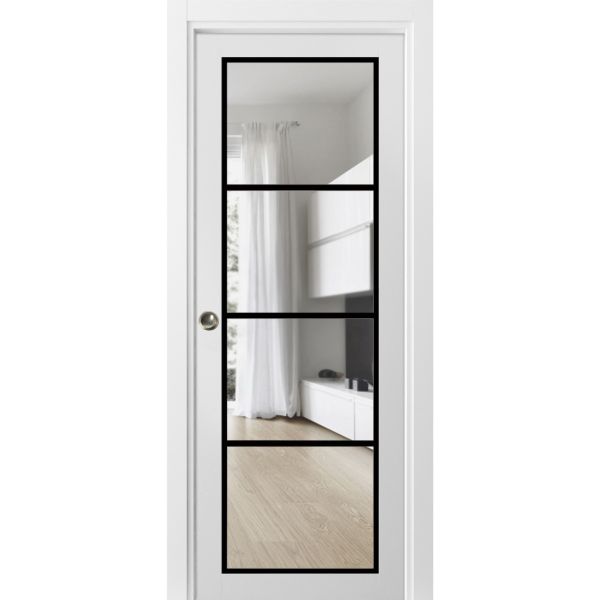 Sliding French Pocket Door | Lucia 2466 White Silk with Clear Glass | Kit Trims Rail Hardware | Solid Wood Interior Bedroom Sturdy Doors