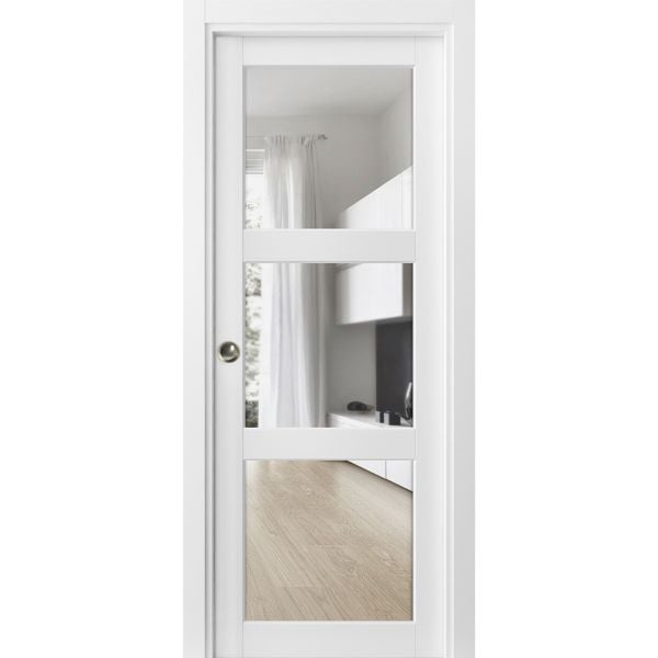 Sliding French Pocket Door with Clear Glass 3 Lites | Lucia 2555 White Silk | Kit Trims Rail Hardware | Solid Wood Interior Bedroom Sturdy Doors -18" x 80"-Clear Glass