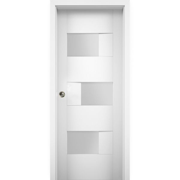 Sliding Pocket Door 18 x 80 inches with Opaque Glass / Sete 6933 White Silk / Kit Rail Hardware / MDF Interior Bedroom Modern Doors