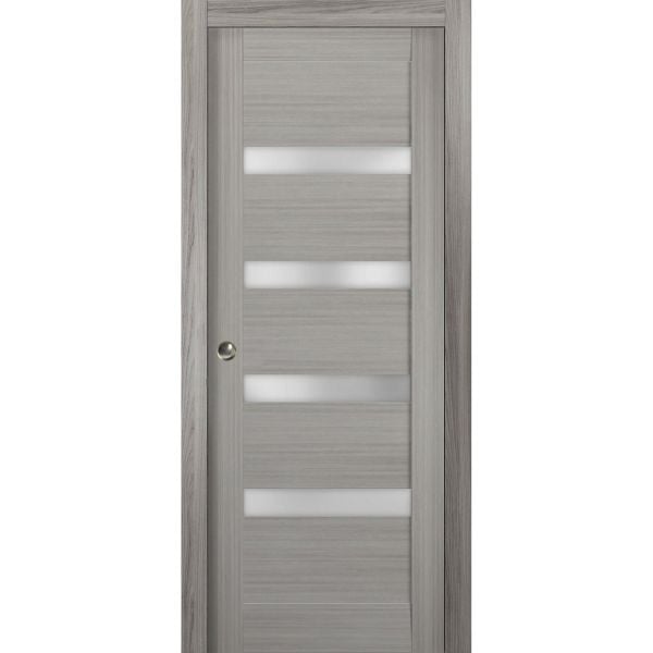 Sliding French Pocket Door 18 x 80 inches with | Quadro 4113 Grey Ash with Frosted Glass | Kit Trims Rail Hardware | Solid Wood Interior Bedroom Sturdy Doors