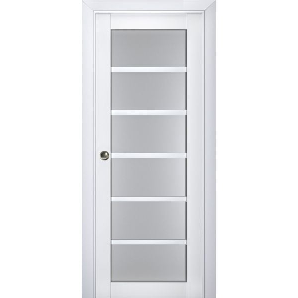 Sliding French Pocket Door with Frosted Glass | Veregio 7602 White Silk | Kit Trims Rail Hardware | Solid Wood Interior Bedroom Sturdy Doors