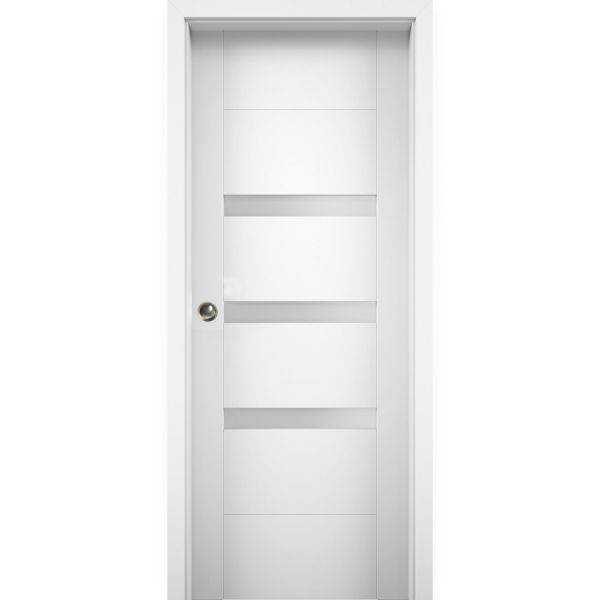 Sliding Pocket Door 18 x 80 inches with Opaque Glass / Sete 6900 White Silk / Kit Rail Hardware / MDF Interior Bedroom Modern Doors