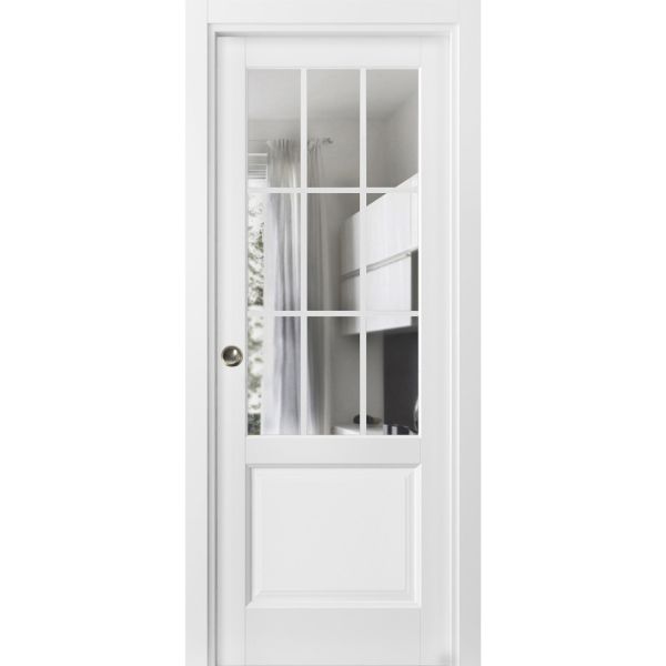 Sliding French Pocket Door with | Felicia 3599 White Silk with Clear Glass | Kit Trims Rail Hardware | Solid Wood Interior Bedroom Sturdy Doors-18" x 80"-Clear Glass