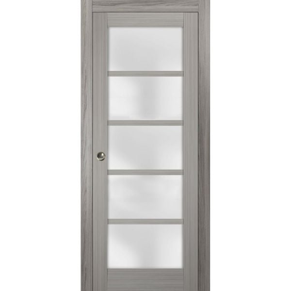 Sliding French Pocket Door with Frosted Glass | Quadro 4002 Grey Ash | Kit Trims Rail Hardware | Solid Wood Interior Bedroom Sturdy Doors
