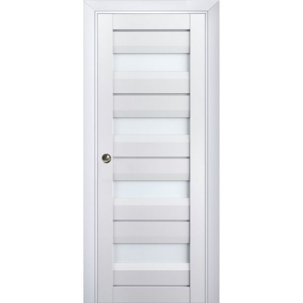 Sliding French Pocket Door | Veregio 7455 White Silk with Frosted Glass | Kit Trims Rail Hardware | Solid Wood Interior Bedroom Sturdy Doors