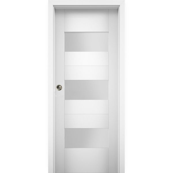 Sliding Pocket Door 18 x 80 inches with Opaque Glass / Sete 6003 White Silk / Kit Rail Hardware / MDF Interior Bedroom Modern Doors