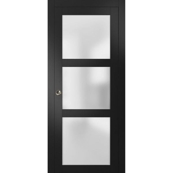 Sliding French Pocket Door | Lucia 2552 Black Matte with Frosted Glass | Kit Trims Rail Hardware | Solid Wood Interior Bedroom Sturdy Doors