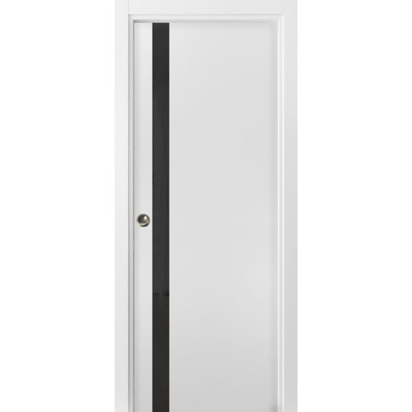 Sliding French Pocket Door 18 x 80 inches with | Planum 0440 White Silk with Black Glass | Kit Trims Rail Hardware | Solid Wood Interior Bedroom Sturdy Doors