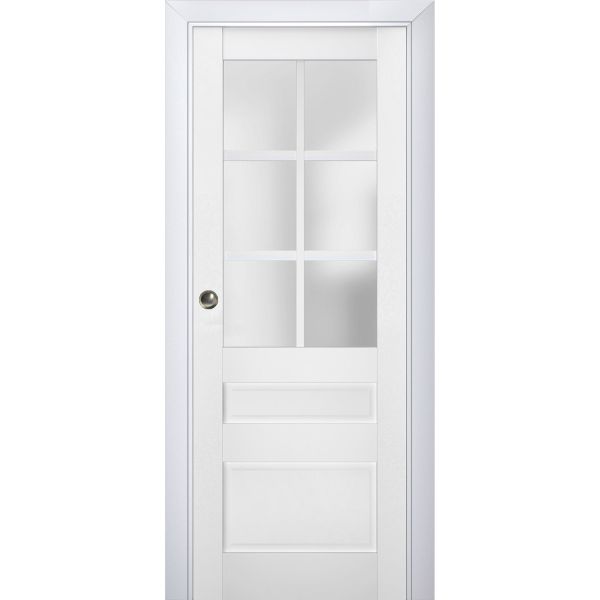Sliding French Pocket Door | Veregio 7339 White Silk with Frosted Glass | Kit Trims Rail Hardware | Solid Wood Interior Bedroom Sturdy Doors