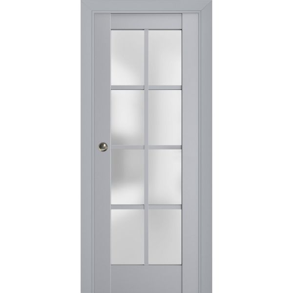 Sliding French Pocket Door with Frosted Glass | Veregio 7412 Matte Grey | Kit Trims Rail Hardware | Solid Wood Interior Bedroom Sturdy Doors