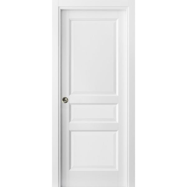 3 Panel Pocket Door | Lucia 31 White Silk | Kit Trims Rail Hardware | Solid Wood Interior Pantry Kitchen Bedroom Sliding Closet Sturdy Doors