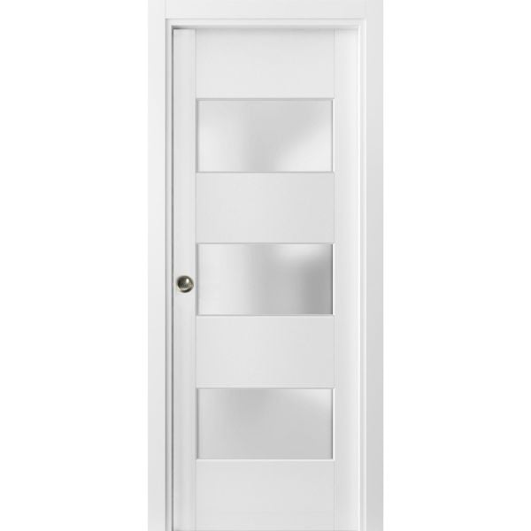 Sliding French Pocket Door 42 x 80 inches with Frosted Glass 3 Lites | Lucia 4070 White Silk | Kit Trims Rail Hardware | Solid Wood Interior Bedroom Sturdy Doors