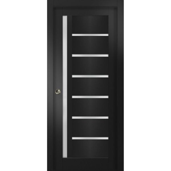 Sliding French Pocket Door 18 x 80 inches with | Quadro 4088 Matte Black with Frosted Glass | Kit Trims Rail Hardware | Solid Wood Interior Bedroom Sturdy Doors