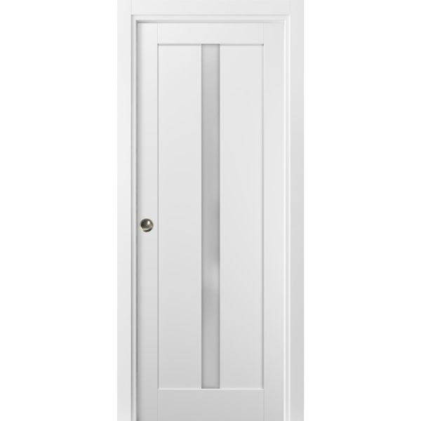 Panel Lite Pocket Door 36 x 96 with Frames | Quadro 4112 White Silk with Frosted Opaque Glass | Kit Trims Rail Hardware | Solid Wood Interior Pantry Kitchen Bedroom Sliding Closet Sturdy Doors