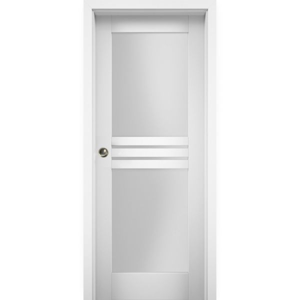 Sliding Pocket Door with Opaque Glass 4 Lites / Mela 7222 White Silk / Kit Rail Hardware / MDF Interior Bedroom Modern Doors