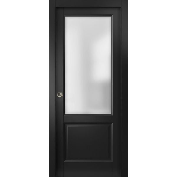 Sliding French Pocket Door with | Lucia 22 Matte Black with Frosted Glass | Kit Trims Rail Hardware | Solid Wood Interior Bedroom Sturdy Doors