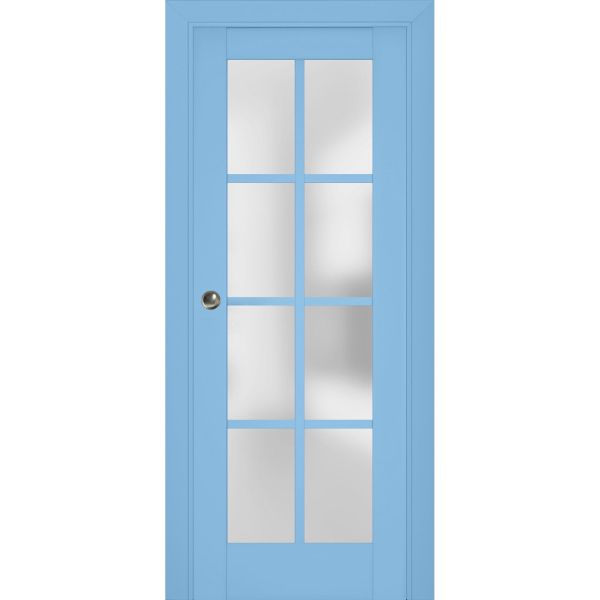 Sliding French Pocket Door | Veregio 7412 Aquamarine with Frosted Glass | Kit Trims Rail Hardware | Solid Wood Interior Bedroom Sturdy Doors