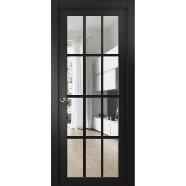 Sliding French Pocket Door with | Felicia 3355 Matte Black with Clear Glass | Kit Trims Rail Hardware | Solid Wood Interior Bedroom Sturdy Doors-18" x 80"