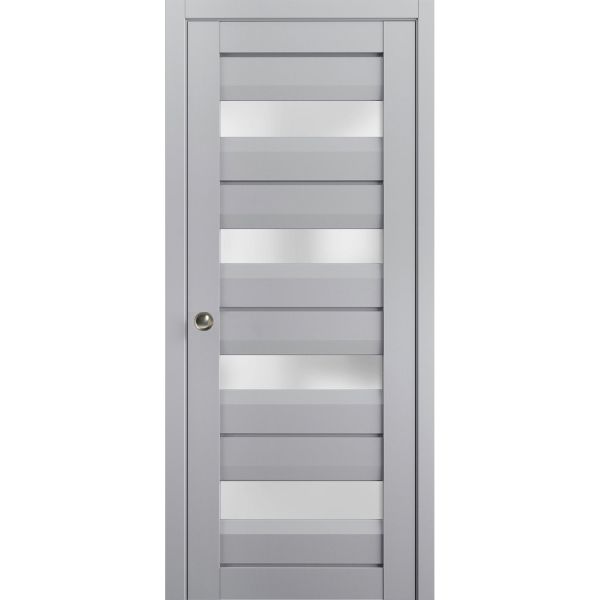 Sliding French Pocket Door with Frosted Glass | Veregio 7455 Matte Grey | Kit Trims Rail Hardware | Solid Wood Interior Bedroom Sturdy Doors