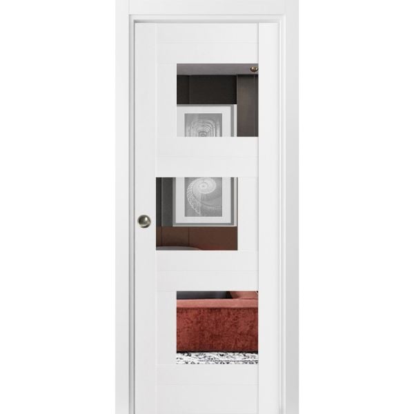 Sliding Pocket Door / Sete 6999 White Silk with Mirror / Kit Rail Hardware / MDF Interior Bedroom Modern Doors