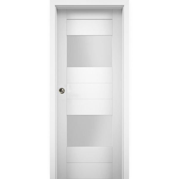 Sliding Pocket Door 18 x 80 inches with Opaque Glass 2 Lites / Sete 6222 White Silk / Kit Rail Hardware / MDF Interior Bedroom Modern Doors