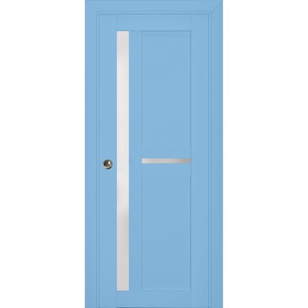 Sliding French Pocket Door with Frosted Glass | Veregio 7288 Aquamarine | Kit Trims Rail Hardware | Solid Wood Interior Bedroom Sturdy Doors