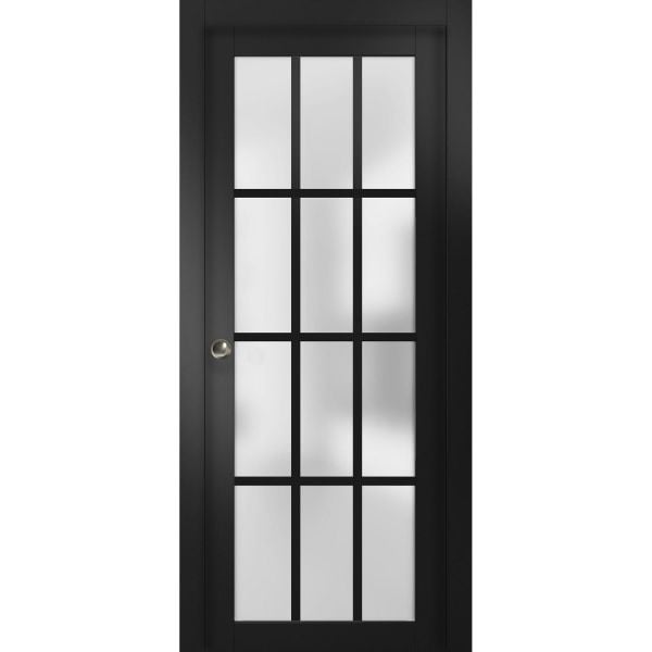 Sliding French Pocket Door with Frosted Glass 12 Lites | Felicia 3312 Matte Black | Kit Trims Rail Hardware | Solid Wood Interior Bedroom Sturdy Doors 