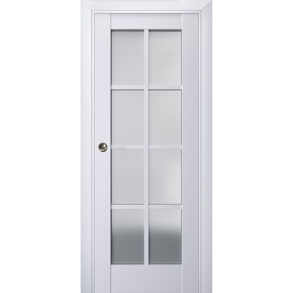 Sliding French Pocket Door | Veregio 7412 White Silk with Frosted Glass | Kit Trims Rail Hardware | Solid Wood Interior Bedroom Sturdy Doors