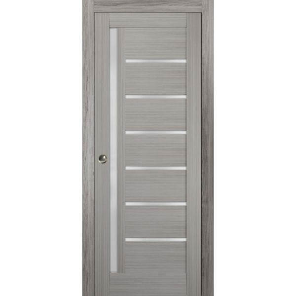 Sliding French Pocket Door with Frosted Glass | Quadro 4088 Grey Ash | Kit Trims Rail Hardware | Solid Wood Interior Bedroom Sturdy Doors