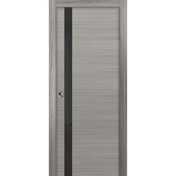 Sliding French Pocket Door with | Planum 0440 Grey Ash with Black Glass | Kit Trims Rail Hardware | Solid Wood Interior Bedroom Sturdy Doors